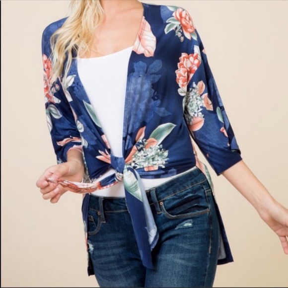 Blue and Floral 3/4 Sleeve Kimono Cardigan - Picture 3 of 7